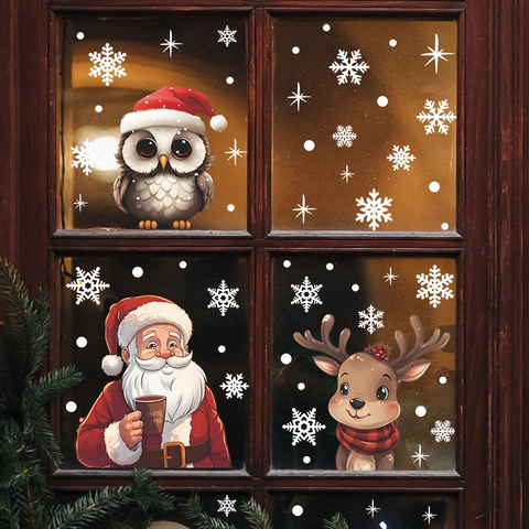 Weihnachten Fensteraufkleber Weihnachtsmann Rentier Eule Schneeflocken PVC Statisch Haftend Glas Aufkleber Für Deko Party