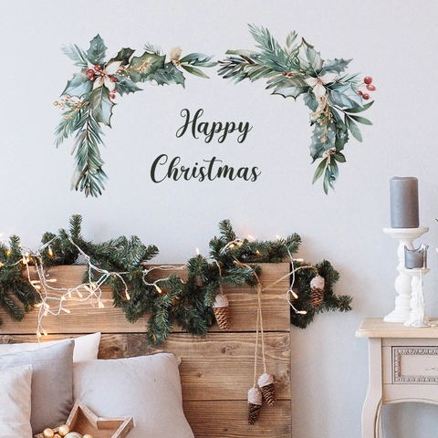 Adesivo da Parete Happy Christmas Decalcomania in PVC Rimovibile Con Foglie di Agrifoglio Bacca Rossa Pino Per Arredamento Casa