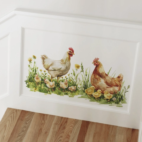 Pastoraler Aquarell Farm Tiere Wandaufkleber PVC Abnehmbarer Hahn Henne Küken Muster Aufkleber Für Wohnzimmer Dekoration