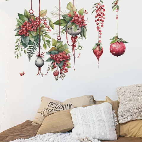 Aquarel Kerstplant Bloemenmand Hangende Ornamenten Muurstickers Verwijderbaar PVC Rode Bes Dennenblad Huis Decoratie