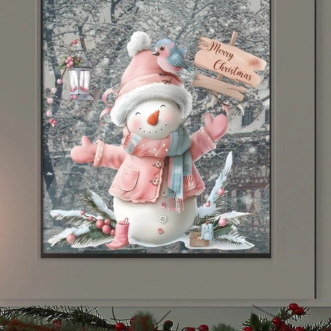 Rosa Weihnachten Schneemann Vogel Wandtattoo PVC Frohe Weihnachten Fensteraufkleber Für Wohnzimmer Schlafzimmer Home Dekoration