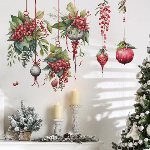 Aquarel Kerstplant Bloemenmand Hangende Ornamenten Muurstickers Verwijderbaar PVC Rode Bes Dennenblad Huis Decoratie