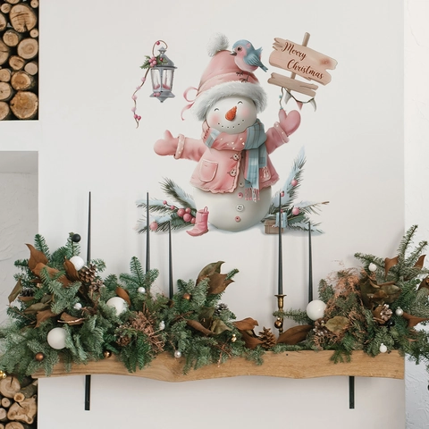 Rosa Weihnachten Schneemann Vogel Wandtattoo PVC Frohe Weihnachten Fensteraufkleber Für Wohnzimmer Schlafzimmer Home Dekoration