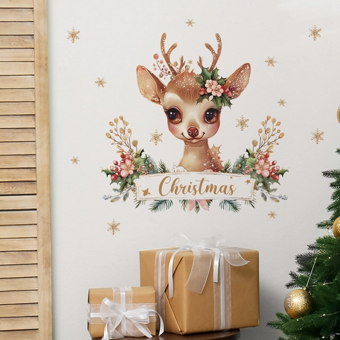 Adesivo da Parete a Forma di Renna di Natale Con Ghirlanda Floreale Banner Fiocchi di Neve Dorati Decalcomania Decorativa per Casa