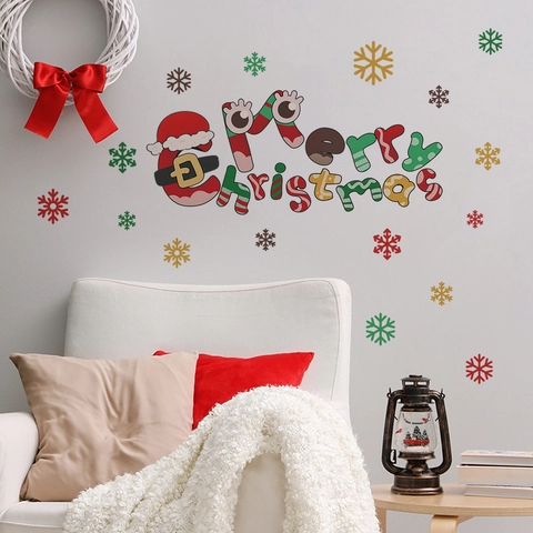 Merry Christmas Wall Stickers Colorful Snowflake Removable PVC Wall Decals For Living Room Bedroom Festive Decoration