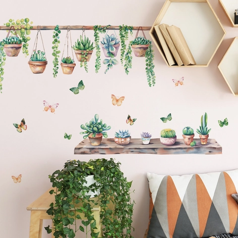 Adesivo da Parete Piante Verdi ad Acquerello Succulente in Vaso Farfalle per Soggiorno Camera da Letto Murale Decorativo in PVC