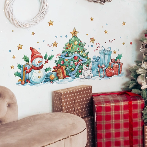 Weihnachten Schneemann Weihnachtsbaum PVC Wandaufkleber Abnehmbare Festliche Aufkleber Für Wohnzimmer Schlafzimmer Urlaub Dekoration