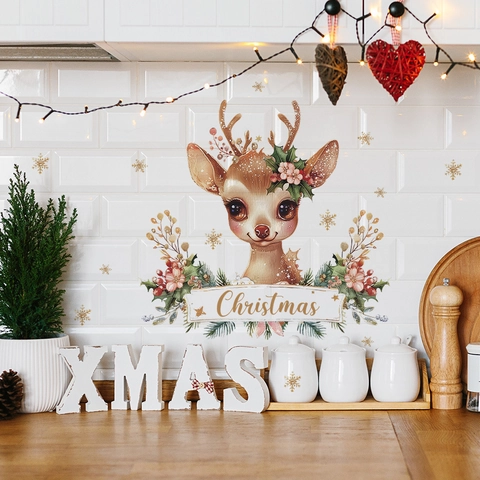 Adesivo da Parete a Forma di Renna di Natale Con Ghirlanda Floreale Banner Fiocchi di Neve Dorati Decalcomania Decorativa per Casa