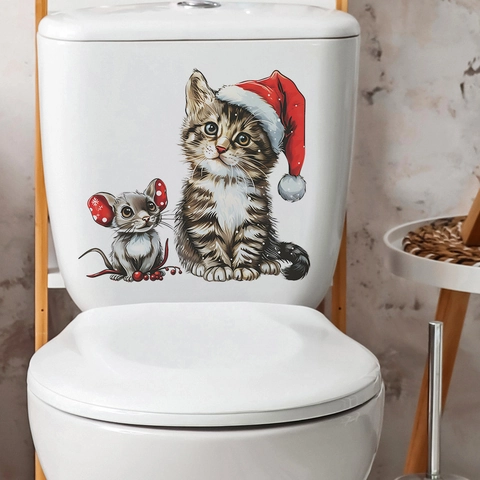 Christmas Cat And Mouse Toilet Decal PVC Waterproof Bathroom Wall Sticker Xmas Animal Home Decor Bathroom Accessory