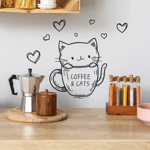 Simpatico Adesivo da Parete con Gatto in Tazza da Caffè PVC Autoadesivo Nero Motivo a Cuore Decalcomania Decorativa per Cucina Bar