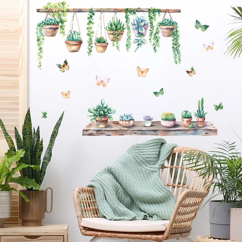 Adesivo da Parete Piante Verdi ad Acquerello Succulente in Vaso Farfalle per Soggiorno Camera da Letto Murale Decorativo in PVC