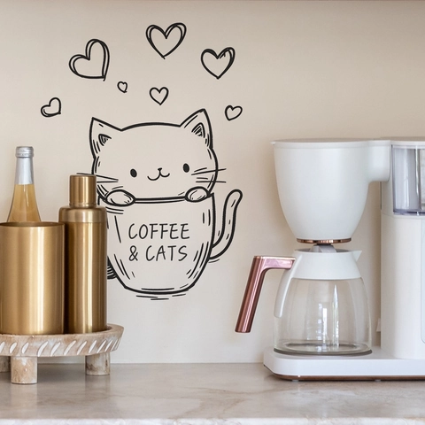 Simpatico Adesivo da Parete con Gatto in Tazza da Caffè PVC Autoadesivo Nero Motivo a Cuore Decalcomania Decorativa per Cucina Bar