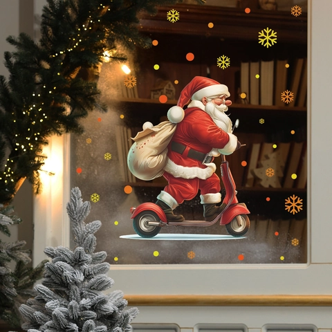 Adhesivo Ventana Navidad Papá Noel En Scooter Copos De Nieve PVC Estático Para Puerta Cristal Decoración Festiva Hogar