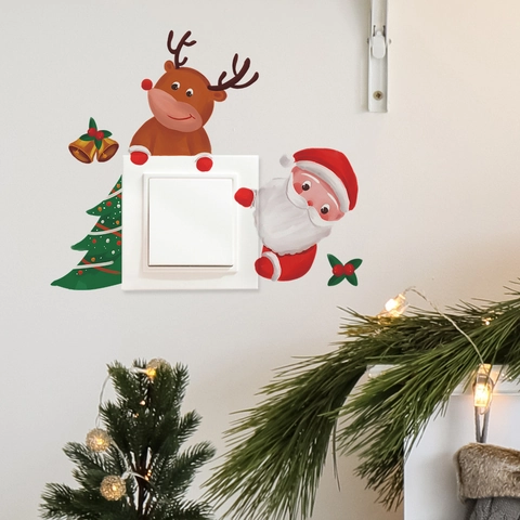 Adesivo da Parete Interruttore Luce Natale Cartone Animato Babbo Natale Renna Albero PVC Decorazione Casa Soggiorno