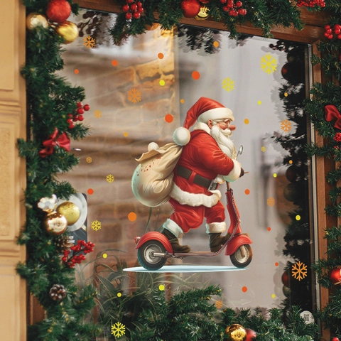 Adhesivo Ventana Navidad Papá Noel En Scooter Copos De Nieve PVC Estático Para Puerta Cristal Decoración Festiva Hogar