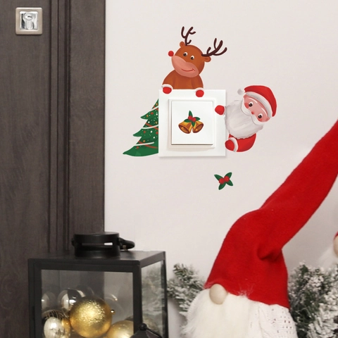 Adesivo da Parete Interruttore Luce Natale Cartone Animato Babbo Natale Renna Albero PVC Decorazione Casa Soggiorno