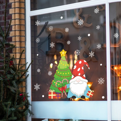 Weihnachtswichtel Baum Schneeflocke Fensteraufkleber PVC Statische Haftung Dekorative Aufkleber Für Glastür Home Holiday Party Deko