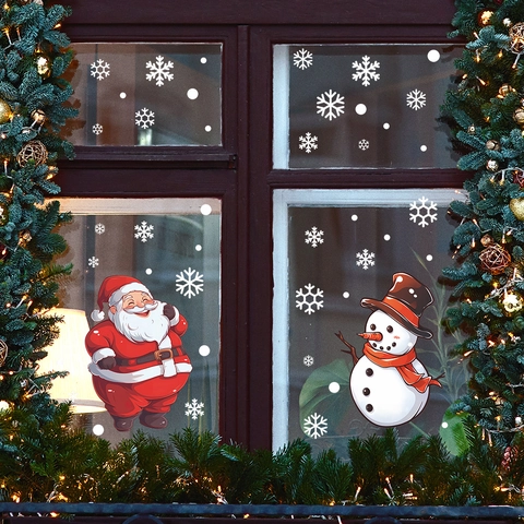 Weihnachten Fensteraufkleber Weihnachtsmann Schneemann Schneeflocken Statisch PVC Glas Dekoration Feiertag Atmosphäre Wandtattoo