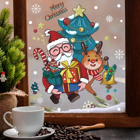 Weihnachten Weihnachtsmann Rentier Fensteraufkleber PVC Statisch Haftend Merry Christmas Glasaufkleber Für Zuhause Feiertag Deko