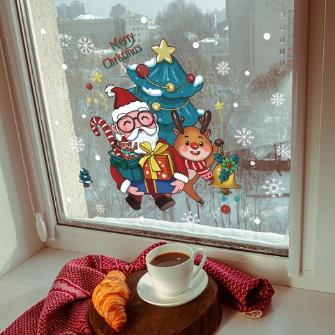 Weihnachten Weihnachtsmann Rentier Fensteraufkleber PVC Statisch Haftend Merry Christmas Glasaufkleber Für Zuhause Feiertag Deko