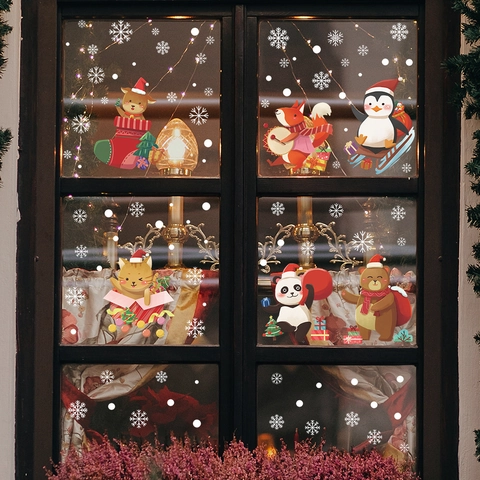 Set di Adesivi Natalizi per Finestre in PVC Adesione Statica Renna Pinguino Panda Fiocchi di Neve Decorazione in Vetro