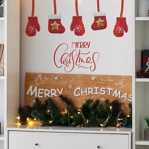 Creative Red PVC Christmas Wall Stickers Merry Christmas Letter Mittens Socks Pattern Decoration For Living Room Bedroom Decor