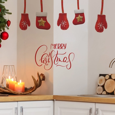 Creative Red PVC Christmas Wall Stickers Merry Christmas Letter Mittens Socks Pattern Decoration For Living Room Bedroom Decor