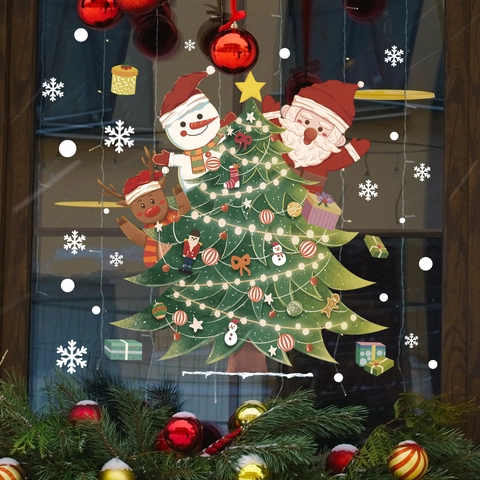 Weihnachten Fensteraufkleber PVC Statisch Haftend Weihnachtsmann Schneemann Rentier Schneeflocke Weihnachtsbaum Aufkleber Home Glas Deko