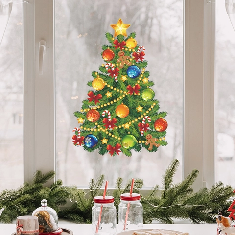 Statische PVC Weihnachtsbaum Fensteraufkleber Wiederverwendbare Bunte Ball Sterne Schleife Aufkleber Für Glastür Home Deko