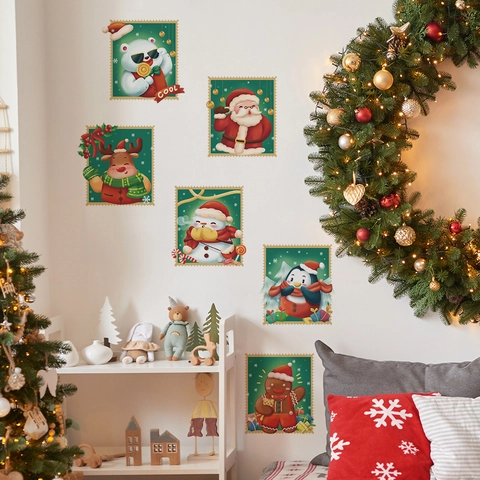 Cartoon Christmas Santa Claus Snowman Reindeer Penguin Stamp Style Decorative PVC Wall Stickers For Festive Home Decor