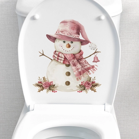 Pegatina para Inodoro de Muñeco de Nieve de Navidad Impermeable de PVC para Baño Sombrero Rosa Acuarela Floral Decoración de Pared