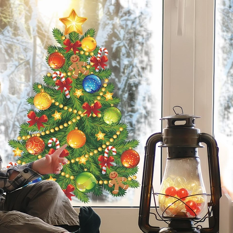 Statische PVC Weihnachtsbaum Fensteraufkleber Wiederverwendbare Bunte Ball Sterne Schleife Aufkleber Für Glastür Home Deko