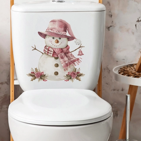 Pegatina para Inodoro de Muñeco de Nieve de Navidad Impermeable de PVC para Baño Sombrero Rosa Acuarela Floral Decoración de Pared