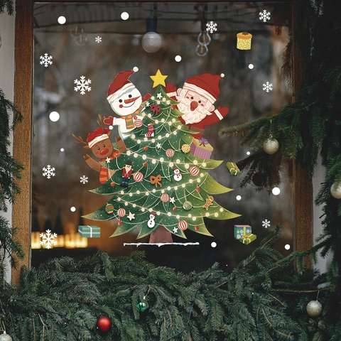Weihnachten Fensteraufkleber PVC Statisch Haftend Weihnachtsmann Schneemann Rentier Schneeflocke Weihnachtsbaum Aufkleber Home Glas Deko