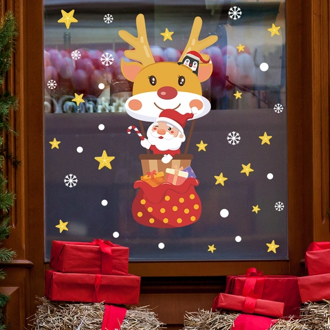 Mongolfiera a Forma di Renna di Cartone Animato Babbo Natale Adesivi per Finestre di Natale Adesivi in PVC a Carica Statica per Porta in Vetro Fiocco di Neve Stella Arredamento Casa