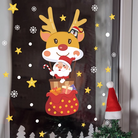 Mongolfiera a Forma di Renna di Cartone Animato Babbo Natale Adesivi per Finestre di Natale Adesivi in PVC a Carica Statica per Porta in Vetro Fiocco di Neve Stella Arredamento Casa