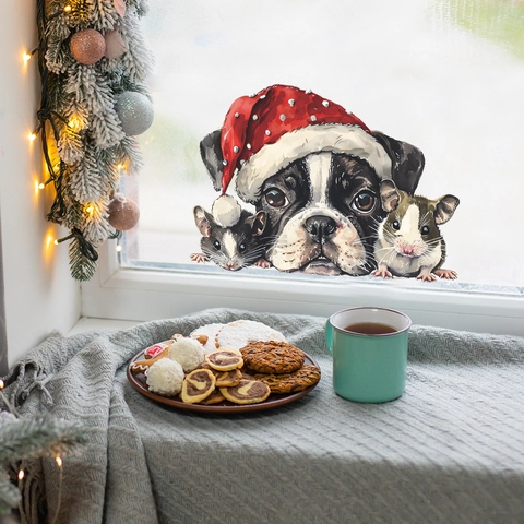 Pegatina de Ventana de Navidad Perro y Ratones PVC Adhesivo Estático Reutilizable Calcomanía de Puerta de Vidrio Decoración Hogar