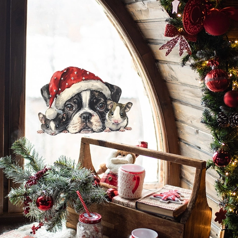 Pegatina de Ventana de Navidad Perro y Ratones PVC Adhesivo Estático Reutilizable Calcomanía de Puerta de Vidrio Decoración Hogar
