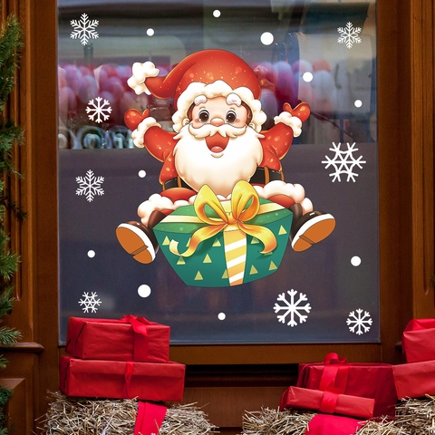 Weihnachten Weihnachtsmann Geschenkbox Fensteraufkleber PVC Statische Haftung Schneeflocke Aufkleber Für Glastür Home Festival Dekoration