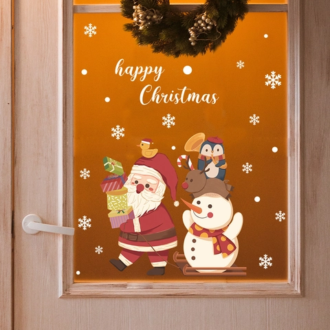 Weihnachten Fensteraufkleber Weihnachtsmann Schneemann Rentier Schneeflocke Happy Christmas PVC Statisch Haftende Glasdeko