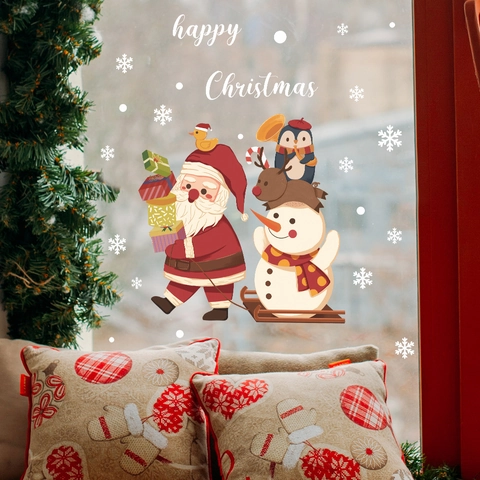 Weihnachten Fensteraufkleber Weihnachtsmann Schneemann Rentier Schneeflocke Happy Christmas PVC Statisch Haftende Glasdeko