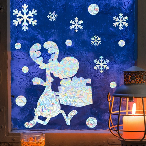 Regenbogen Prisma Rentier Schneeflocke Fensteraufkleber Statisch Haftend 3D Laser Weihnachten Fensterbilder Glasdekor