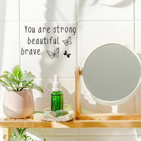 Adesivo da Parete per Specchio con Farfalla Citazione Ispiratrice You Are Strong Beautiful Brave PVC Decorazione per Casa Bagno