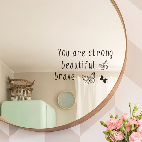 Adesivo da Parete per Specchio con Farfalla Citazione Ispiratrice You Are Strong Beautiful Brave PVC Decorazione per Casa Bagno