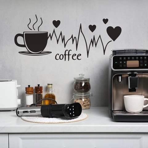 Coffee Cup Heartbeat Pattern PVC Wall Sticker Creative Heart Decorative Decal For Kitchen Cafe Restaurant Home Wall Decor