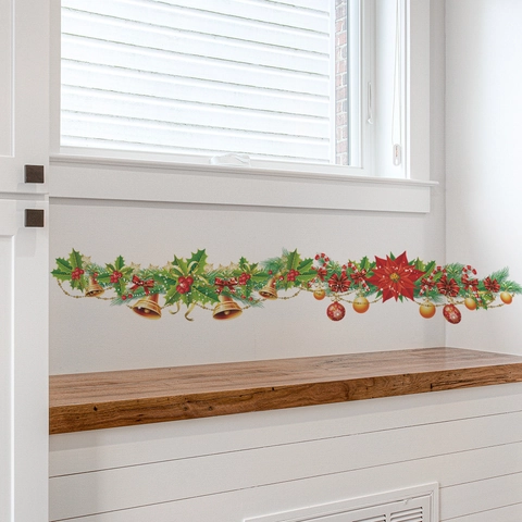 Adesivo da Parete di Natale PVC Ghirlanda Decorazione Con Poinsettia Campane Ornamenti Per Soggiorno Camera Da Letto Parete