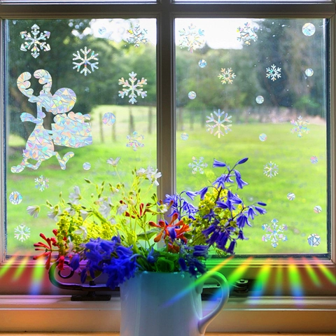 Regenbogen Prisma Rentier Schneeflocke Fensteraufkleber Statisch Haftend 3D Laser Weihnachten Fensterbilder Glasdekor