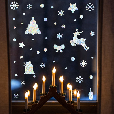 Kerst Suncatcher Raamstickers Laser Regenboog Prisma Statische PVC Stickers Rendier Sneeuwvlok Boom Ster Feestelijke Glas Decoratie