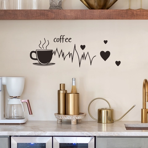 Coffee Cup Heartbeat Pattern PVC Wall Sticker Creative Heart Decorative Decal For Kitchen Cafe Restaurant Home Wall Decor