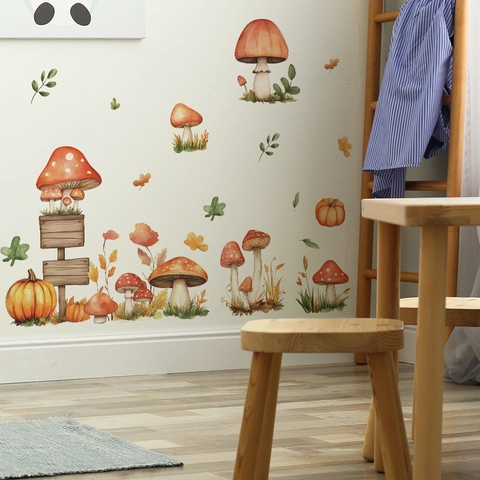 Watercolor Mushroom Pumpkin Road Sign Wall Sticker PVC Autumn Forest Theme Decal For Living Room Bedroom Nursery Home Decor